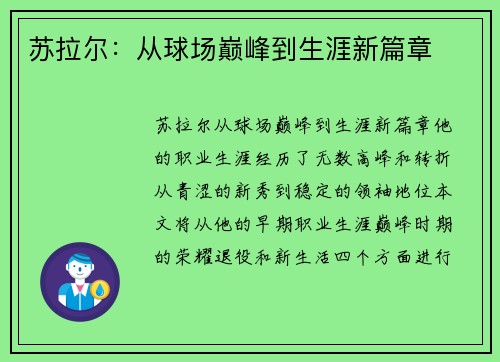 苏拉尔：从球场巅峰到生涯新篇章